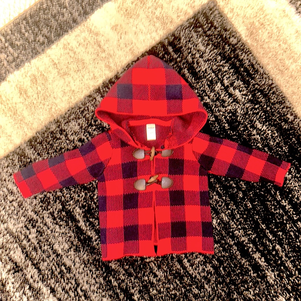 OSHKOSH B'GOSH || Baby Girl Buffalo Plaid Hooded Sweater Cardigan - SZ 12M - Picture 4 of 5
